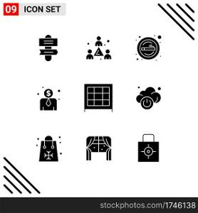 Set of 9 Modern UI Icons Symbols Signs for cloud, cabinet, place, bookcase, employee cost Editable Vector Design Elements