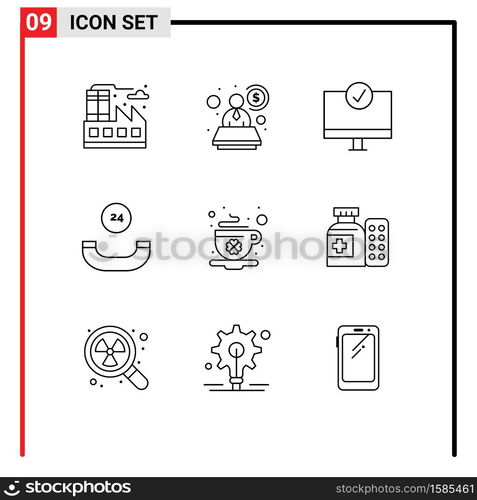 Set of 9 Modern UI Icons Symbols Signs for day, cup, devices, coffee, call Editable Vector Design Elements