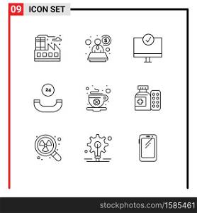 Set of 9 Modern UI Icons Symbols Signs for day, cup, devices, coffee, call Editable Vector Design Elements