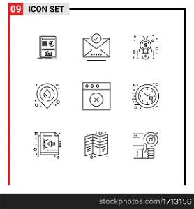 Set of 9 Modern UI Icons Symbols Signs for delete, location, accounting, map, fire Editable Vector Design Elements
