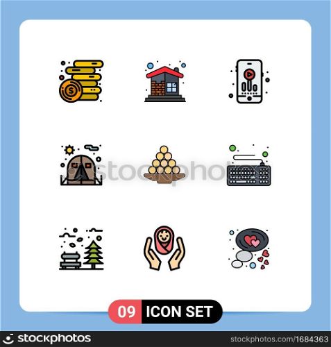 Set of 9 Modern UI Icons Symbols Signs for dessert, bowl, wall, tent, camping Editable Vector Design Elements