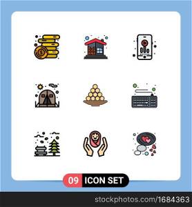 Set of 9 Modern UI Icons Symbols Signs for dessert, bowl, wall, tent, camping Editable Vector Design Elements