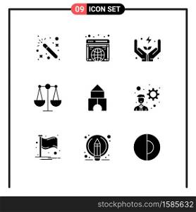 Set of 9 Modern UI Icons Symbols Signs for developer, constructor, energy, building, justice Editable Vector Design Elements