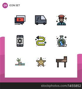 Set of 9 Modern UI Icons Symbols Signs for directional, tech, guard, space, atom Editable Vector Design Elements