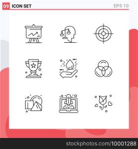 Set of 9 Modern UI Icons Symbols Signs for drop, winner, mind, cup, target Editable Vector Design Elements