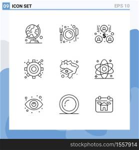 Set of 9 Modern UI Icons Symbols Signs for flag, settings, plate, gear, team work Editable Vector Design Elements