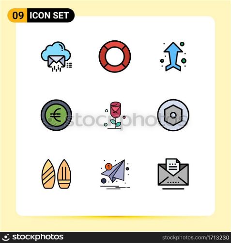 Set of 9 Modern UI Icons Symbols Signs for flower, euro, ui, coin, up Editable Vector Design Elements