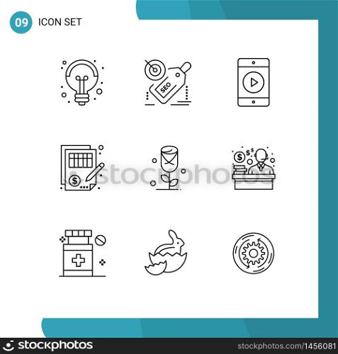 Set of 9 Modern UI Icons Symbols Signs for flower, justice, promotion, document, accuracy Editable Vector Design Elements