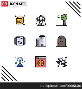 Set of 9 Modern UI Icons Symbols Signs for gravestone, death, nature, house, building Editable Vector Design Elements