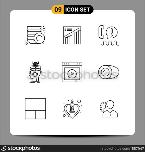 Set of 9 Modern UI Icons Symbols Signs for head, brain, call, artificial, help Editable Vector Design Elements