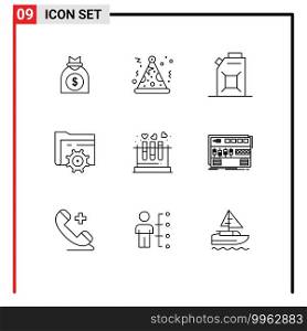 Set of 9 Modern UI Icons Symbols Signs for heart, lab, fuel, tube, gear Editable Vector Design Elements