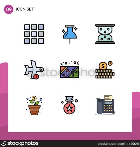 Set of 9 Modern UI Icons Symbols Signs for investment, present, flight, love, transportation Editable Vector Design Elements