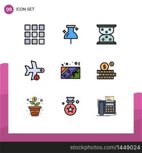 Set of 9 Modern UI Icons Symbols Signs for investment, present, flight, love, transportation Editable Vector Design Elements