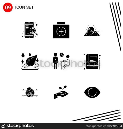 Set of 9 Modern UI Icons Symbols Signs for job, element, hill, spa, sun Editable Vector Design Elements