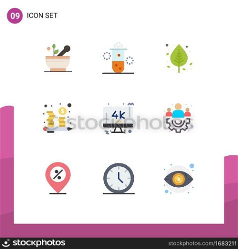 Set of 9 Modern UI Icons Symbols Signs for management, coins, thermal energy, budget, nature Editable Vector Design Elements