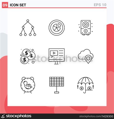 Set of 9 Modern UI Icons Symbols Signs for multimedia, education, audio, investment, budget Editable Vector Design Elements