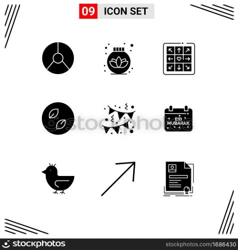 Set of 9 Modern UI Icons Symbols Signs for party, birthday, dancing, nature, leaf Editable Vector Design Elements