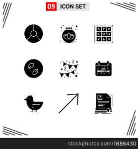 Set of 9 Modern UI Icons Symbols Signs for party, birthday, dancing, nature, leaf Editable Vector Design Elements
