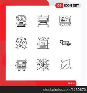 Set of 9 Modern UI Icons Symbols Signs for promotion, discount, data, music, glass Editable Vector Design Elements