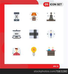 Set of 9 Modern UI Icons Symbols Signs for road, analytics, death, seo, presentation Editable Vector Design Elements