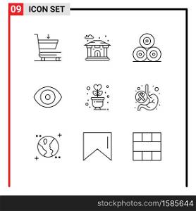Set of 9 Modern UI Icons Symbols Signs for romance, love, nature, lifestyle, lab Editable Vector Design Elements