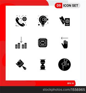 Set of 9 Modern UI Icons Symbols Signs for technology, system, business, money, cash Editable Vector Design Elements