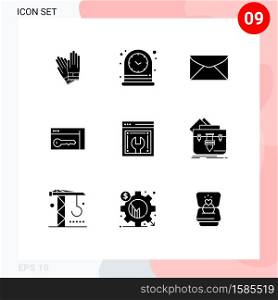 Set of 9 Modern UI Icons Symbols Signs for web configuration, room, mail, key, browser Editable Vector Design Elements