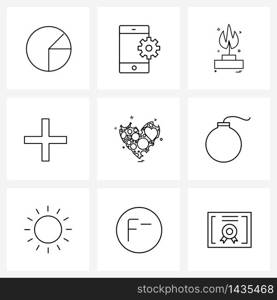 Set of 9 Simple Line Icons for Web and Print such as romantic, valentine, chemistry, love, plus Vector Illustration