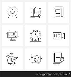 Set of 9 Simple Line Icons for Web and Print such as time, computer screen, football, computer, monitor Vector Illustration