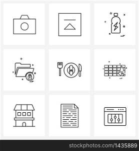 Set of 9 Simple Line Icons for Web and Print such as fork, food, food, protected, folder Vector Illustration