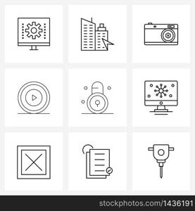 Set of 9 Simple Line Icons for Web and Print such as lock, multimedia, gps, button, picture Vector Illustration