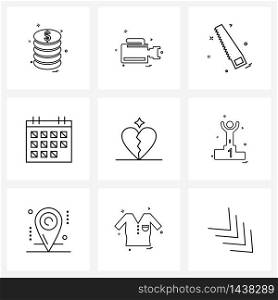 Set of 9 Simple Line Icons for Web and Print such as broken, schedule, photograph, date, cutter Vector Illustration
