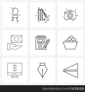 Set of 9 Simple Line Icons for Web and Print such as money, financial, camera, finance, image Vector Illustration