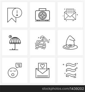 Set of 9 Simple Line Icons for Web and Print such as labour, beach, message, rain, letter Vector Illustration