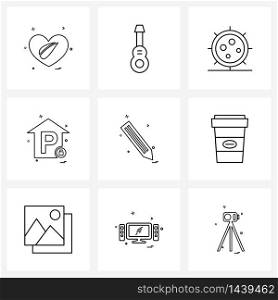 Set of 9 Simple Line Icons for Web and Print such as writing, pencil, molecule, pen, hut Vector Illustration