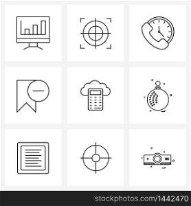 Set of 9 Simple Line Icons for Web and Print such as calculator, label, mark, badge, time Vector Illustration