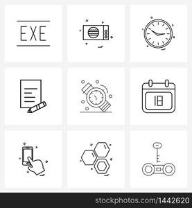 Set of 9 Simple Line Icons for Web and Print such as pencil, work, kitchen, business, stopwatch Vector Illustration