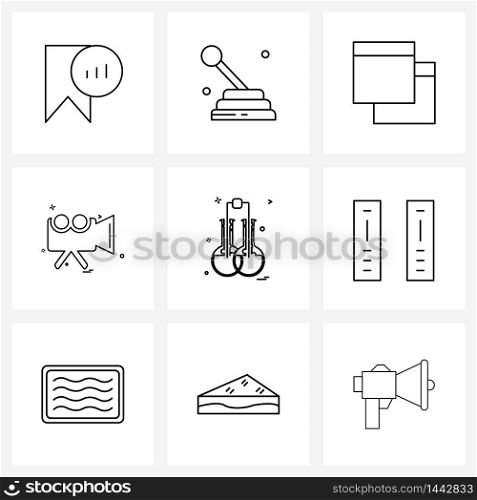 Set of 9 Simple Line Icons for Web and Print such as science, chemistry, vehicle, recording, camera Vector Illustration