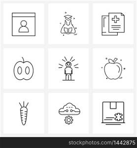 Set of 9 Simple Line Icons for Web and Print such as profile, man, health insurance, avatar, food Vector Illustration