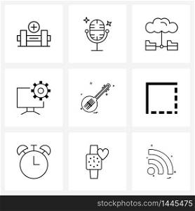 Set of 9 Simple Line Icons for Web and Print such as cell, guitar, network, music, performance Vector Illustration