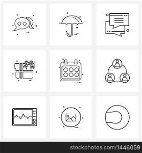 Set of 9 Simple Line Icons for Web and Print such as calendar, gift box, rain, gift, technology Vector Illustration