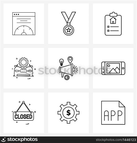 Set of 9 Simple Line Icons for Web and Print such as mobile, volume, clipboard, music, gear Vector Illustration
