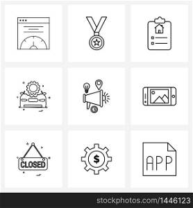 Set of 9 Simple Line Icons for Web and Print such as mobile, volume, clipboard, music, gear Vector Illustration