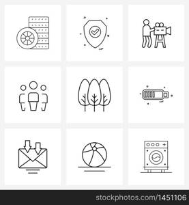 Set of 9 Simple Line Icons for Web and Print such as outdoors, forest, security, people, connection Vector Illustration