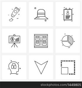 Set of 9 Simple Line Icons of analysis, delivery, document, parcel, presentation Vector Illustration