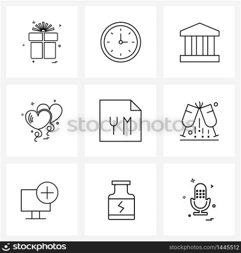 Set of 9 Simple Line Icons of balloons, heart, schedule, valentine, cash Vector Illustration