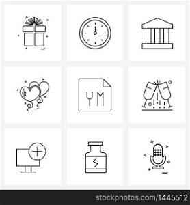 Set of 9 Simple Line Icons of balloons, heart, schedule, valentine, cash Vector Illustration