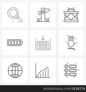 Set of 9 Simple Line Icons of charged, full, vacation, battery, new Vector Illustration