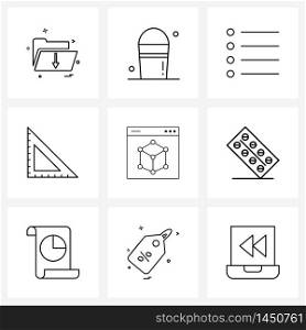 Set of 9 Simple Line Icons of development, school, menu, triangle, ruler Vector Illustration