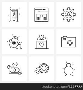 Set of 9 Simple Line Icons of donate, charity, gear, water shower, water Vector Illustration